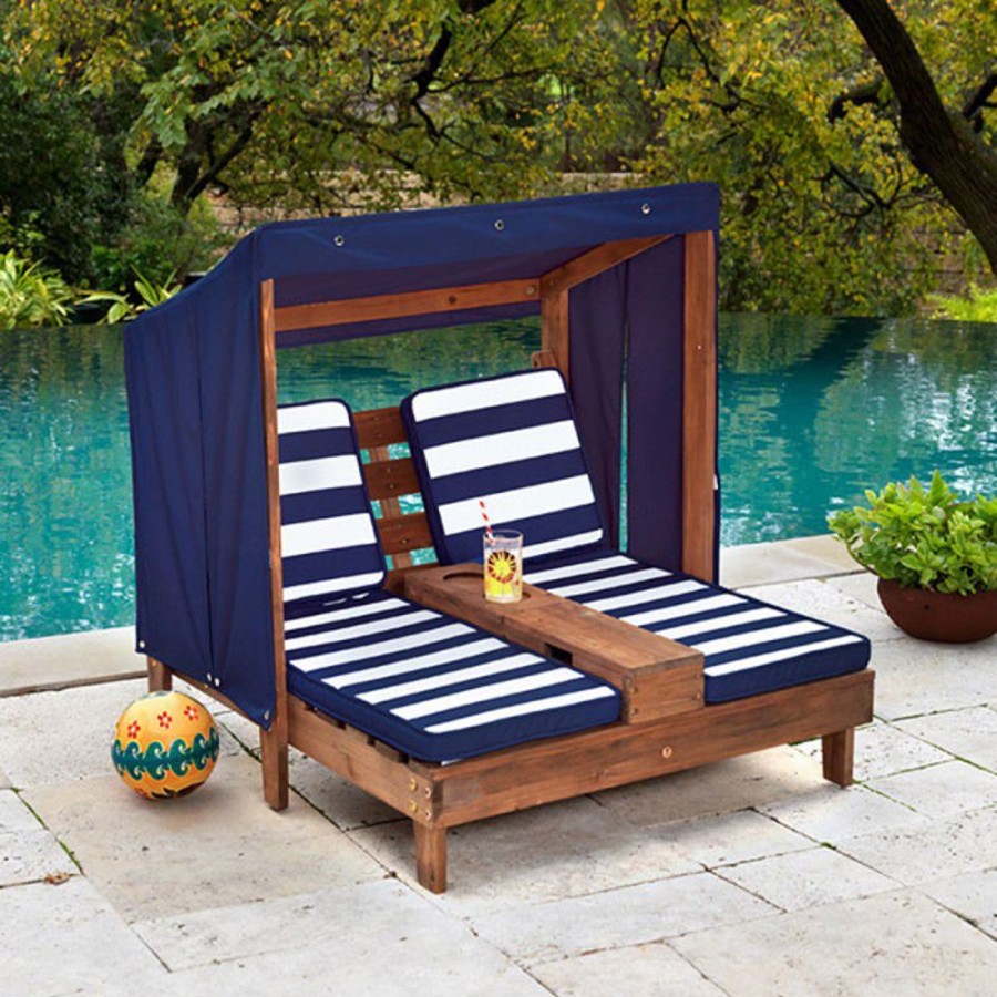 By Category KidKraft | Kidkraft Double Chaise Lounge With Cup Holders - Espresso With Navy And White Stripes (3-5 Years)